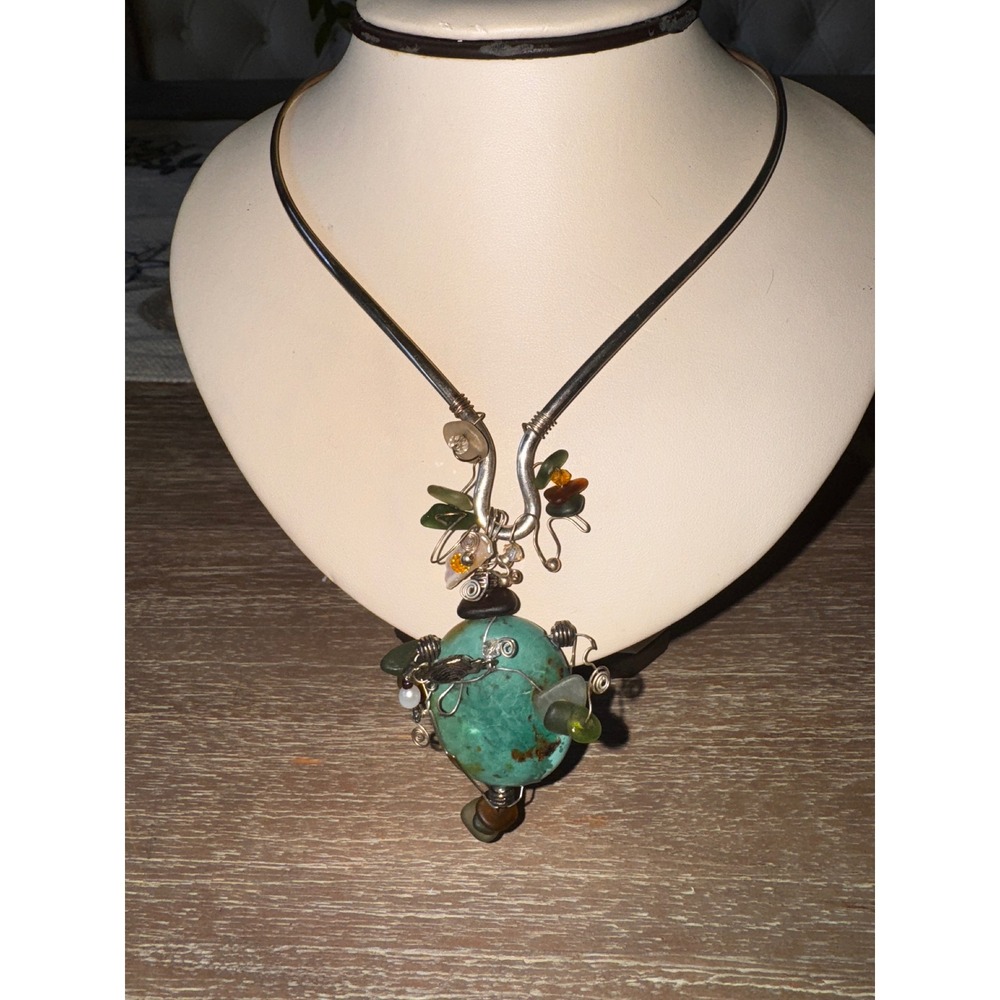 Sterling Silver Crafted‎ Turquoise Gemstone Wire Wrapped Pendant Necklace Boho